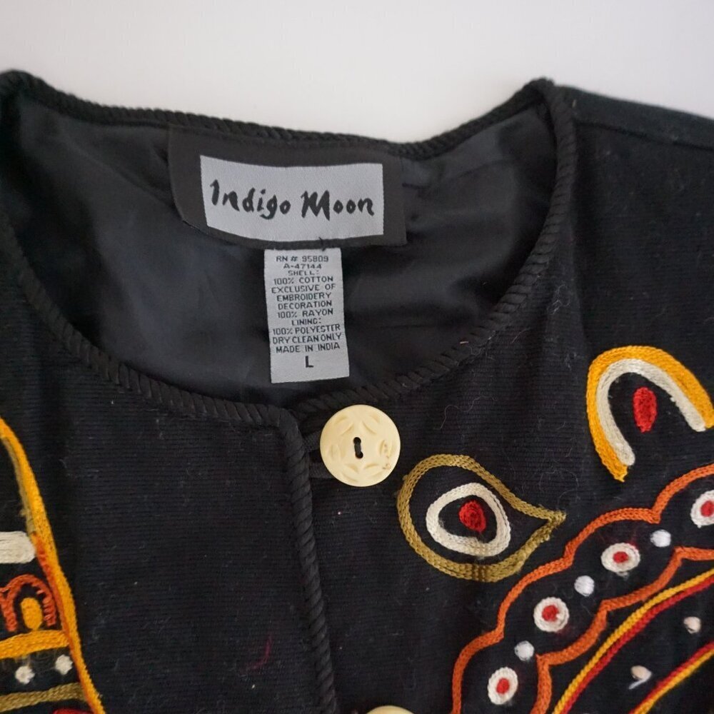 Vintage Indigo Moon Embroidered Black Jacket Boho Artsy Eclectic Grandmacore L - Picture 10 of 10
